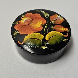 Vintage USSR Russian Round Lacquer box Hand Painted Flowers